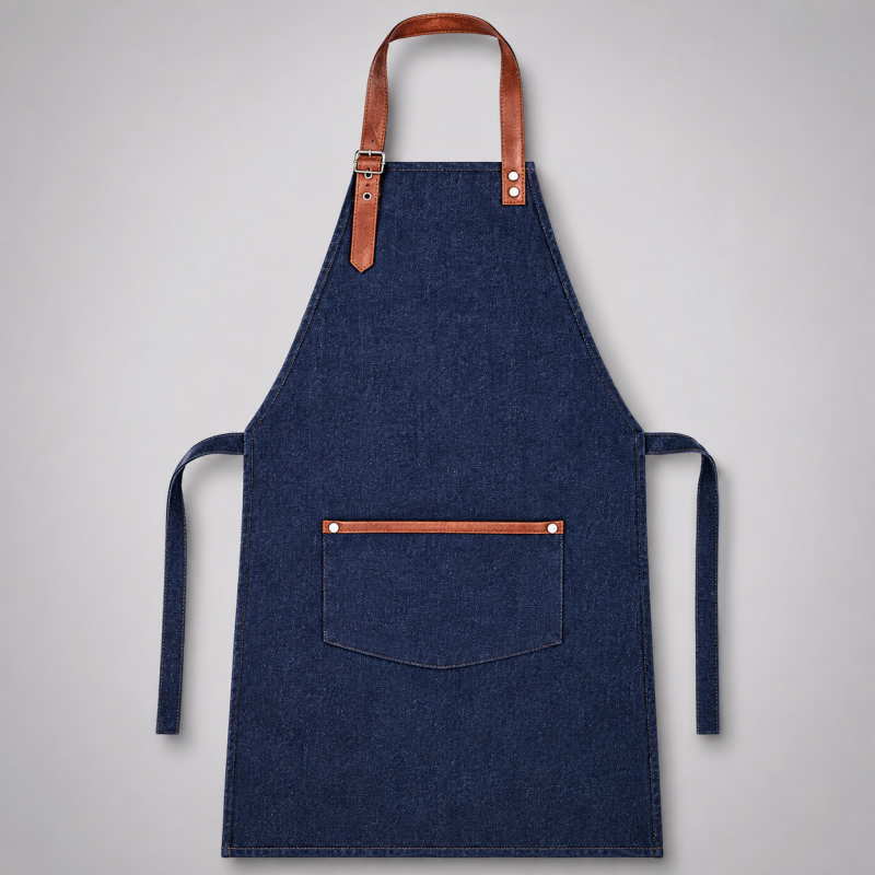 Blue Denim Bib Apron with Brown Leather Straps & Pocket Trim