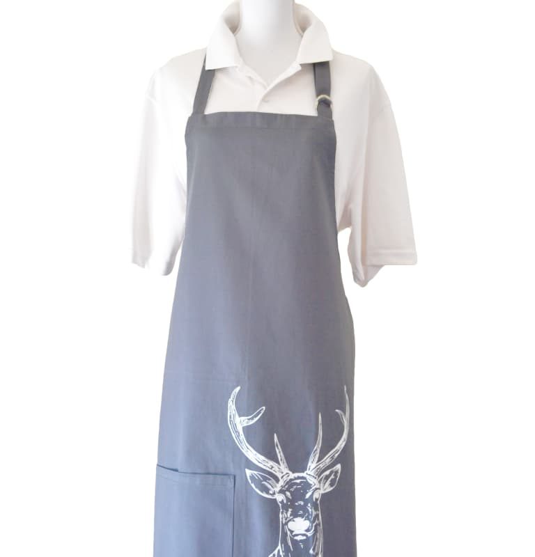 Grey Deer Printed Kitchen Bib Apron with Front Pocket
