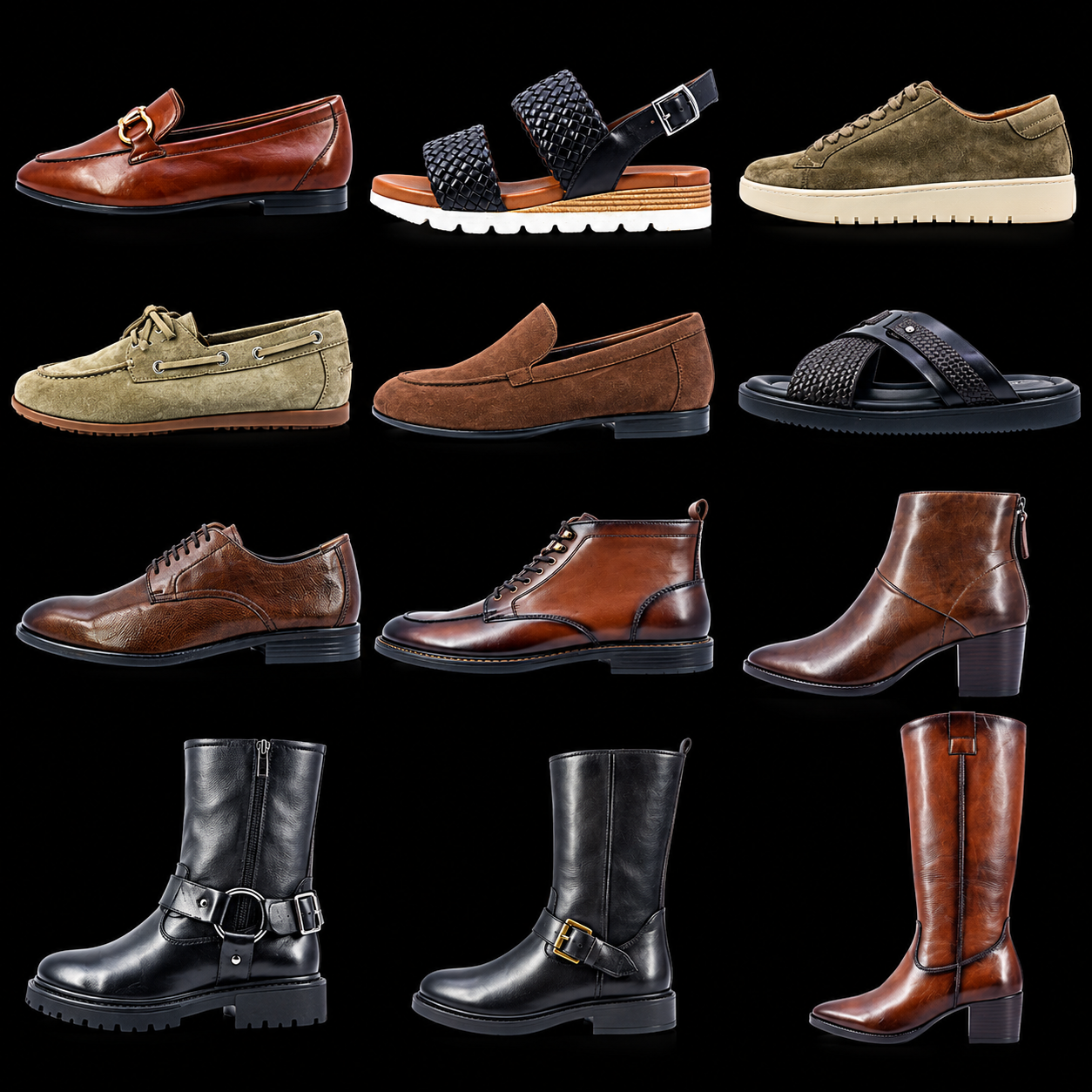 Premium-style footwear collection with elegant loafers, comfortable sandals, stylish casual shoes, and fashionable boots for everyday and formal wear.